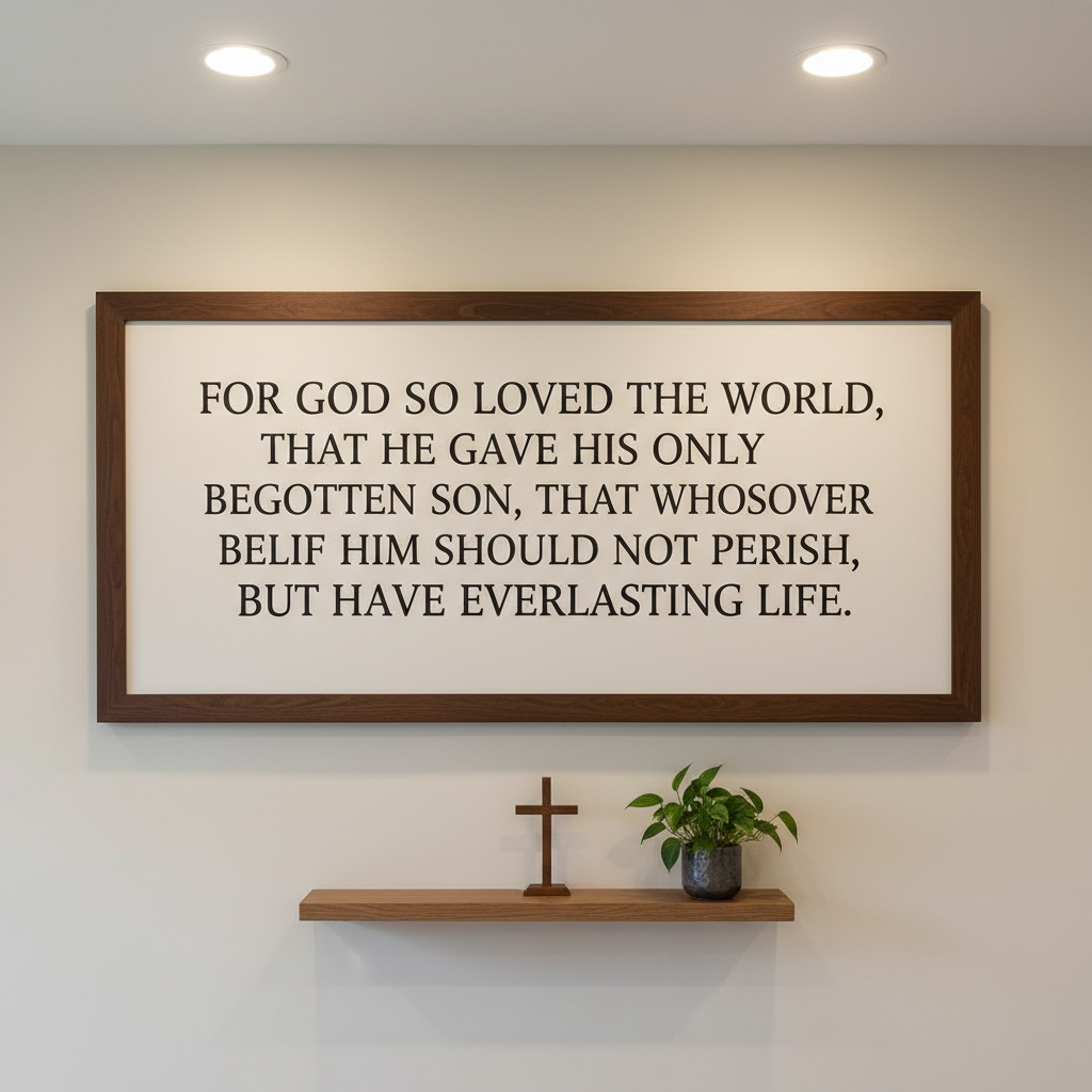 A large, wall-mounted Bible verse display features the words of John 3:16 in clear, professional serif lettering, carefully applied to a smooth, light beige wall. The text is framed by a simple, dark wood border with a matte finish, free of ornamentation. Below the verse, a narrow oak shelf holds a single small cross and a modest potted plant with deep green leaves. Soft, indirect lighting from recessed ceiling fixtures washes the wall evenly, preventing glare and enhancing readability. Photographic realism, captured straight-on with sharp focus throughout, creates a clean, modern visual ideal for website headers. The atmosphere is thoughtful and hopeful, centered on the gospel message in a way that feels orderly, respectful, and distinctly church-oriented.