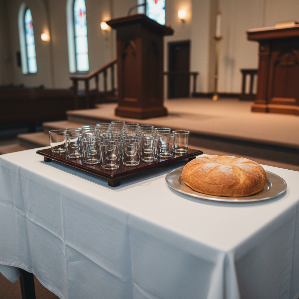 A polished wooden communion tray holding small, empty, crystal-clear glass cups sits neatly centered on a white linen cloth, the fabric perfectly ironed with subtle folds. Nearby, a simple silver plate holds an unbroken round loaf of bread with a delicately browned crust. The setting is the front of a Baptist church sanctuary, with the edge of the platform and the base of a wooden pulpit softly visible in the background. Soft, overhead sanctuary lighting combines with faint natural light from side windows, creating gentle reflections on the glass and metal surfaces. Photographic realism, slightly elevated angle with shallow depth of field, keeps the communion elements in focus while softly blurring the background. The mood is solemn, reflective, and orderly, emphasizing the seriousness and beauty of remembering Christ.