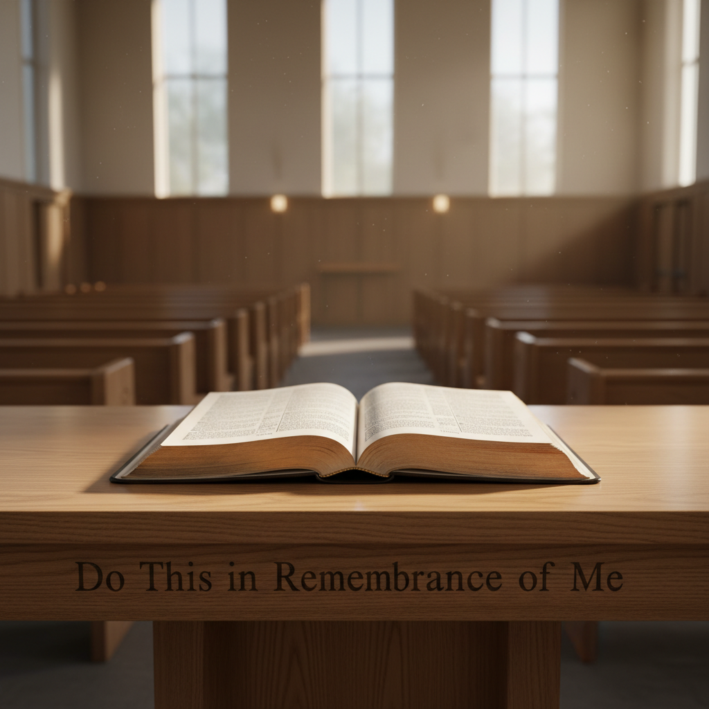 An elegant open Bible with slightly worn, thin gold-edged pages lies centered on a smoothly polished oak communion table engraved with the words “Do This in Remembrance of Me.” The sanctuary around it is empty, with rows of simple wooden pews fading softly into the background. Late afternoon light filters through tall, clear windows, creating gentle beams that highlight the delicate texture of the paper and the subtle grain of the wood. Photographic realism, eye-level composition with shallow depth of field keeps the Bible in crisp focus and the surroundings softly blurred. The mood is reverent, peaceful, and professional, conveying deep respect for God’s Word in a clean, uncluttered church setting.