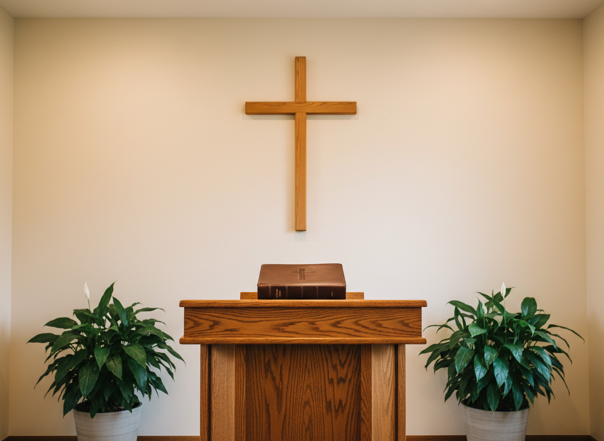 A neatly arranged church pulpit area features a solid oak lectern with a rich, satin finish, a closed leather-bound Bible resting squarely on top. Behind it, a simple wooden cross is mounted on a soft cream-colored wall. Two symmetrical potted green plants in understated ceramic pots frame the scene on either side. Overhead, subtle recessed lighting combines with diffused natural light from unseen windows, creating soft, even illumination that highlights the wood grain and leather texture without harsh glare. Photographic realism, composed straight-on at eye level with balanced symmetry, conveys a sense of order and professionalism. The atmosphere is calm, focused, and reverent, emphasizing the preaching and teaching of God’s Word in a clear, distraction-free Baptist church setting.