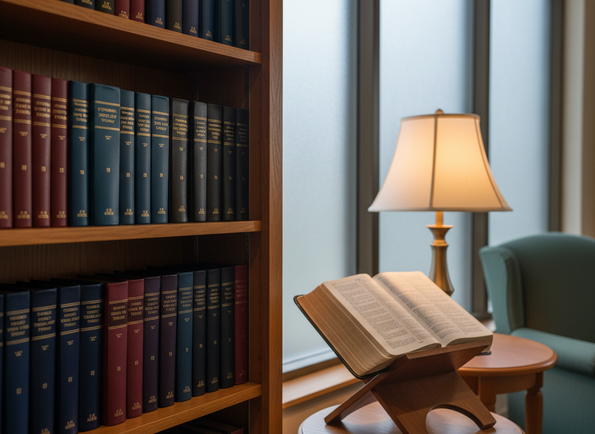 A cozy church library corner shows a small collection of well-used Bibles and doctrinal books neatly aligned on honey-toned wooden shelves, their spines in deep blues, burgundies, and blacks with tasteful gold lettering. A single open Bible rests on a nearby reading stand, its thin pages gently curved. Soft, warm lamplight from a shaded table lamp casts a gentle glow across the shelves, creating subtle, inviting shadows. In the background, a frosted glass window lets in diffused daylight, balancing the warm interior tones. Photographic realism, shot from a slight angle with medium depth of field, keeps the foreground crisp while the background gently softens. The mood is studious, peaceful, and welcoming, communicating a serious yet inviting place to study Scripture and sound theology.