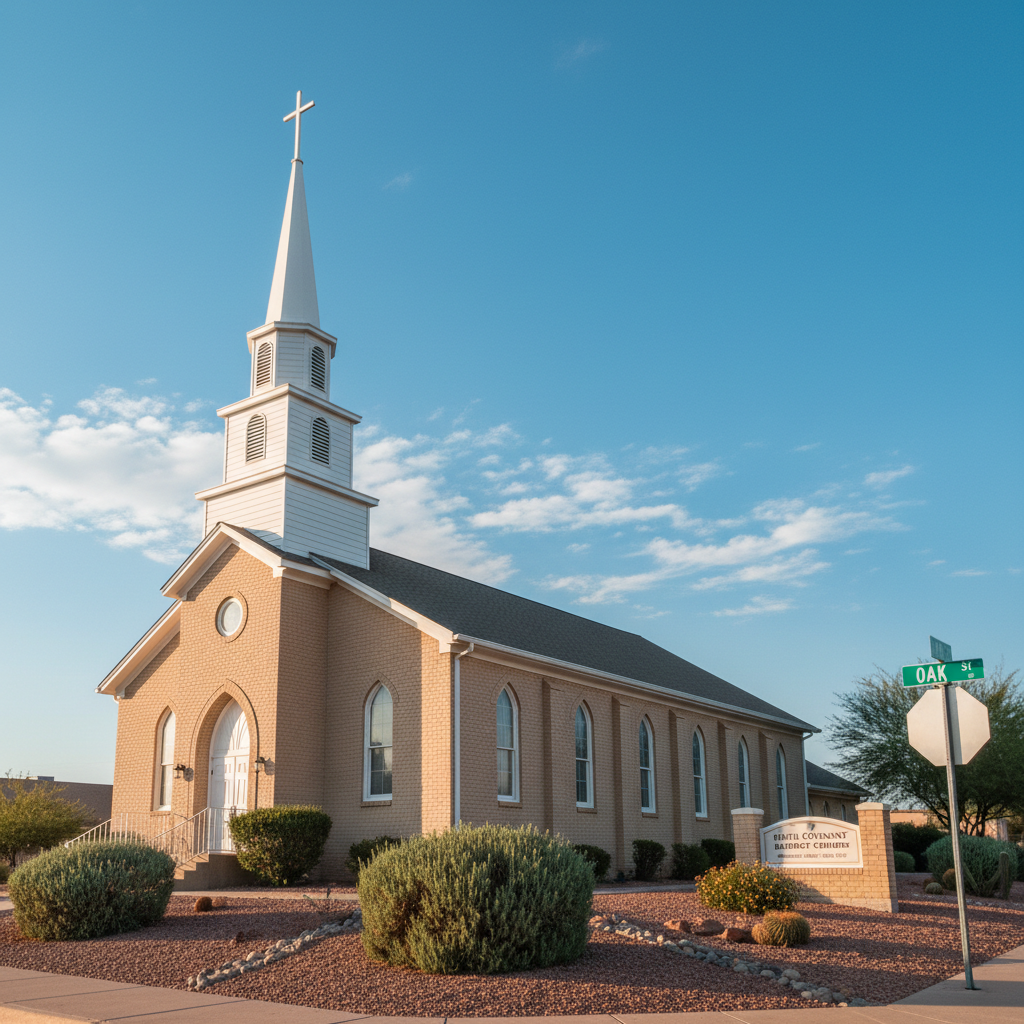 A classic white-steepled church building modeled after a small-town Baptist church stands on a quiet corner of Oak Street, its light tan brick walls and crisp white trim freshly maintained. A simple cross crowns the steeple, rising into a clear blue Arizona sky with a few soft clouds. Neatly trimmed desert-friendly landscaping with small shrubs and decorative rock beds surrounds the entrance. Warm, late-morning sunlight casts gentle shadows that emphasize architectural lines without feeling harsh. Shot from a slightly low angle in photographic realism, the composition uses the rule of thirds to feature the church prominently while including the wide, open sky. The atmosphere is welcoming, sincere, and professional, reflecting a place where the Bible is faithfully taught and Christ is honored.